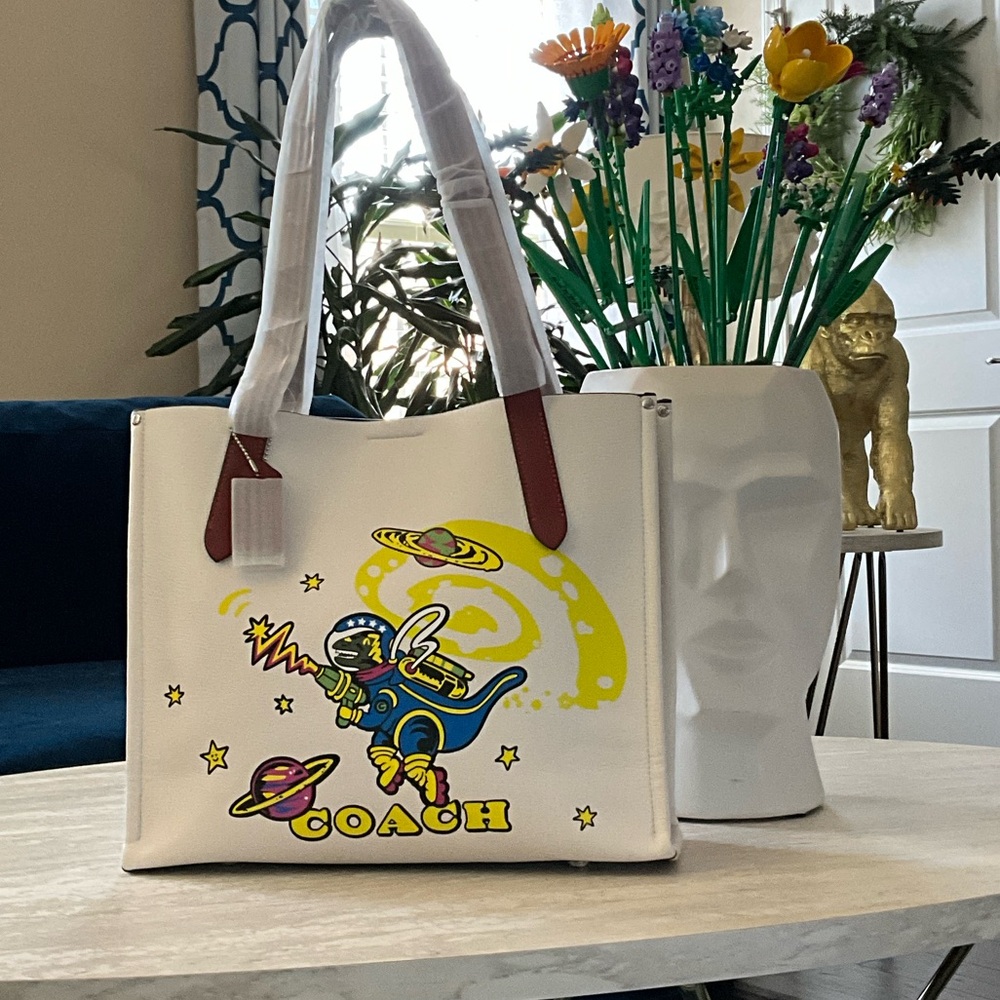 Coach White Tote with Yellow and Blue Design